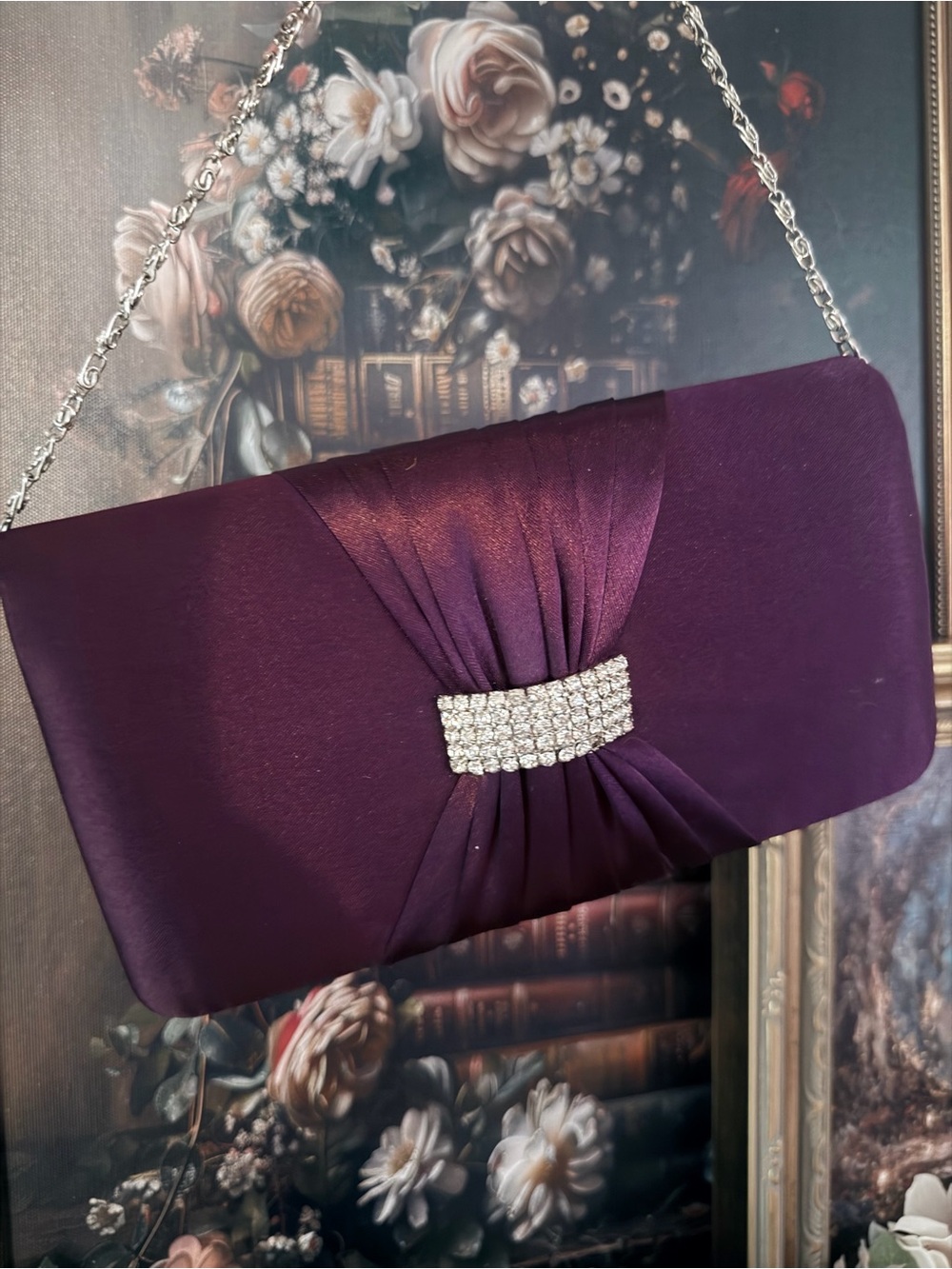 Deep Plum Burgundy Satin Rhinestone Accent Evening Clutch